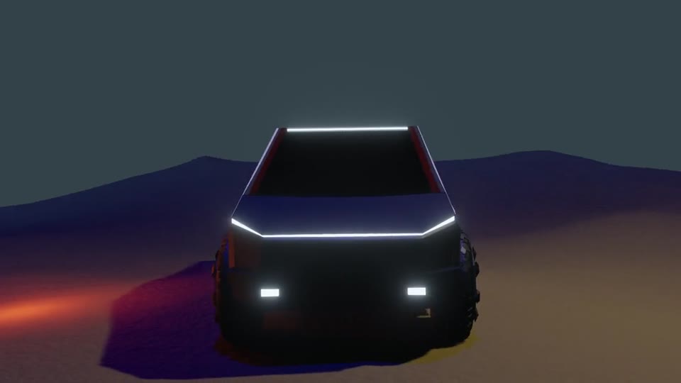 A 3D Cybertruck model rotates on a dusky desert under purple and orange light, its light bars glowing white and red.
