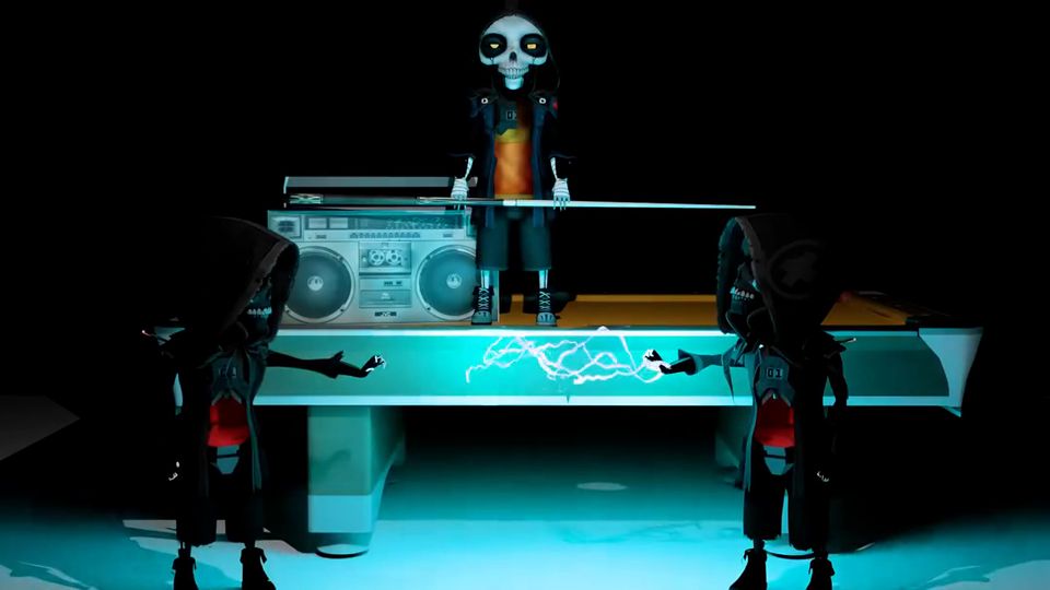 Hooded skeleton DJ on a stage console with a boombox, flanked by two hooded figures; the set floods with cyan light on the drop.