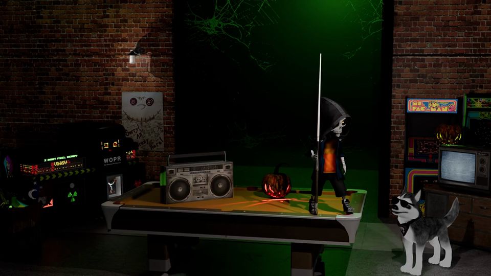 Skeleton DJ at a console in a brick-walled arcade alley with a husky beside him; the lighting pulses from warm to green with the music.