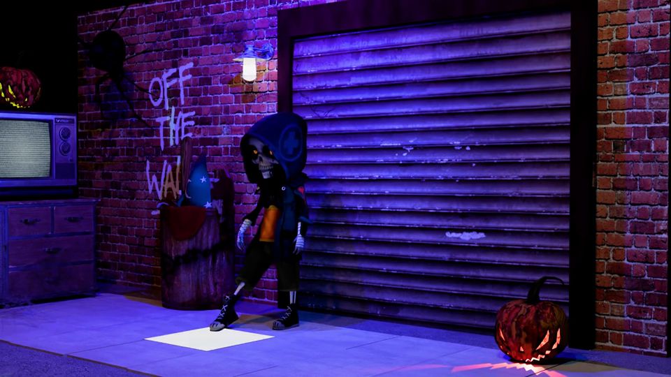 A hooded skeleton waits in a purple-lit alley until the roller shutter rises to reveal a full moon.