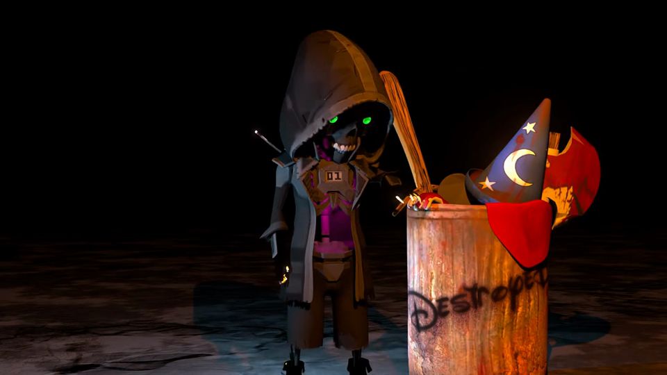 A hooded skeleton with glowing green eyes rises up beside a 'Destroy' bucket topped with a wizard hat.