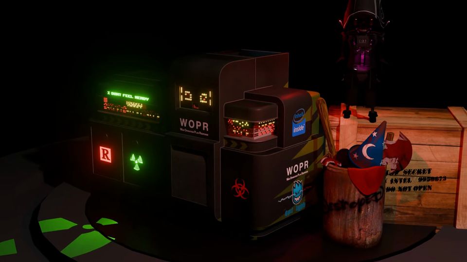 Slow orbit around a retro WOPR-style computer console with glowing green readouts, next to a bucket and wooden crate.