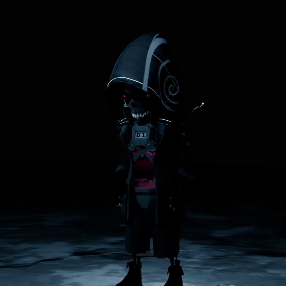 A spiky-hooded figure turns in a cold blue spotlight on a misty floor.