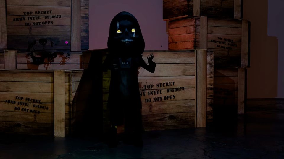 Hooded, glowing-eyed figures multiply in front of stacked wooden crates (a cloth/clipping test).