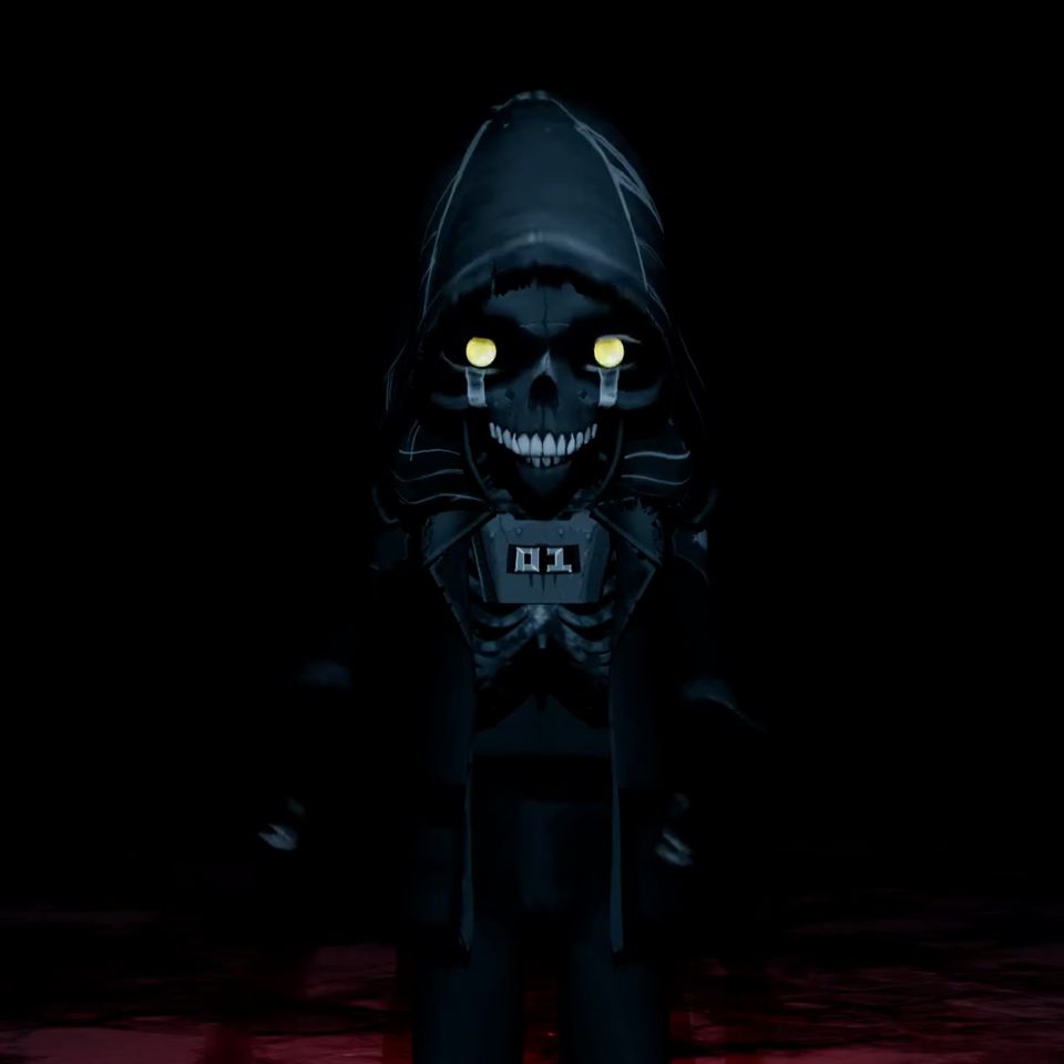 A hooded skeleton with glowing eyes emerges from darkness over a faint red floor glow.