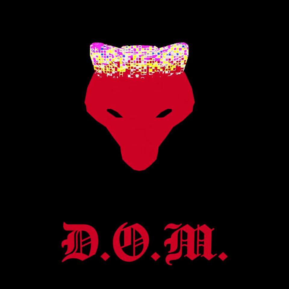 Glitchy 'D.O.M.' logo animation that resolves into a red wolf-head emblem.