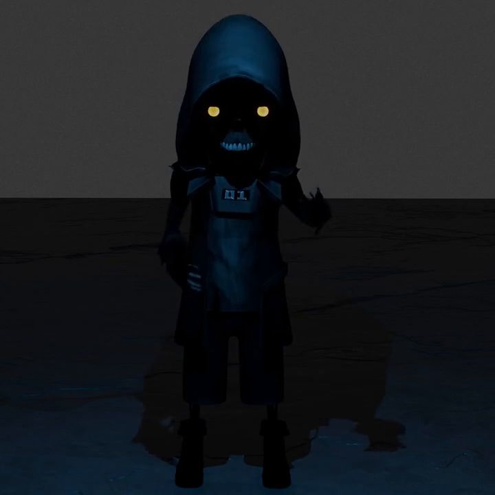 A hooded figure builds up from its boots to glowing eyes in a grey studio test scene.