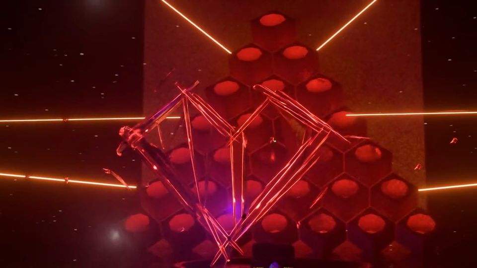 A neon red wireframe heart spins through laser beams in front of a glowing red hexagon wall.