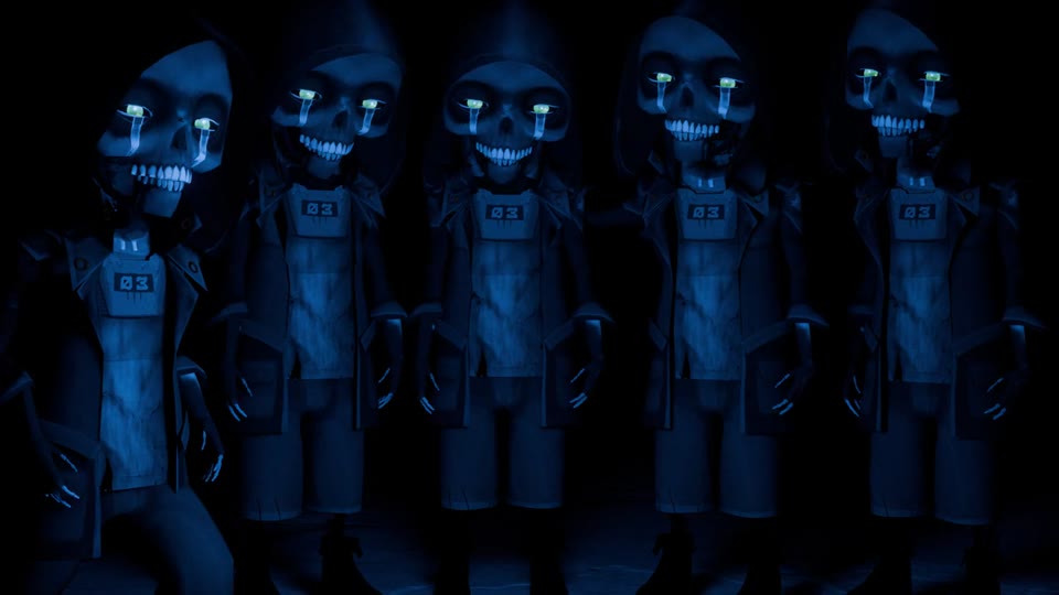 Five hooded copies of Dable the skeleton stand in a row under cold blue light; their eyes ignite green and blue as the light swells, then everything fades back to darkness.