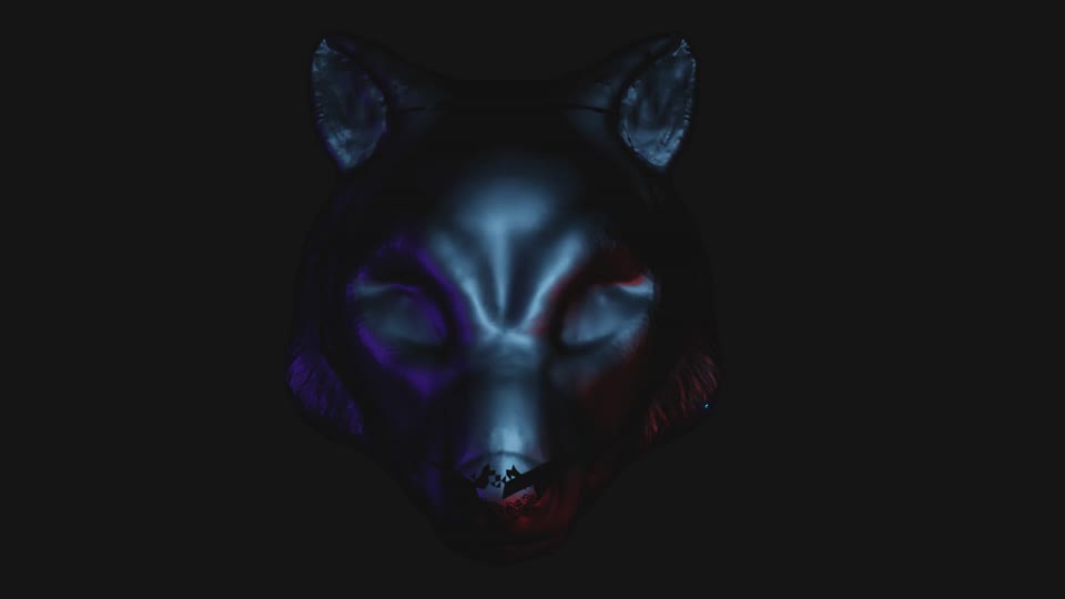 A dark blue wolf head glows in the shadows until a crackling blue lightning seam sweeps across it and dissolves it into black.