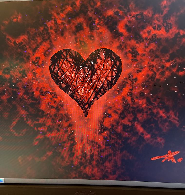 Digital painting of a dark, cross-hatched heart glowing at the center of a field of fiery red and black smoke, signed in red at the bottom right.