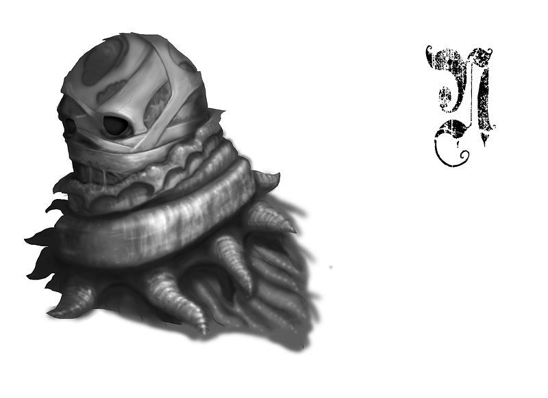 Grayscale digital painting of a creature wearing a cracked, bandage-wrapped skull mask, with a thick ruffled collar and curling tentacle-like spikes beneath it, on a white background with a gothic letter N monogram at the top right.