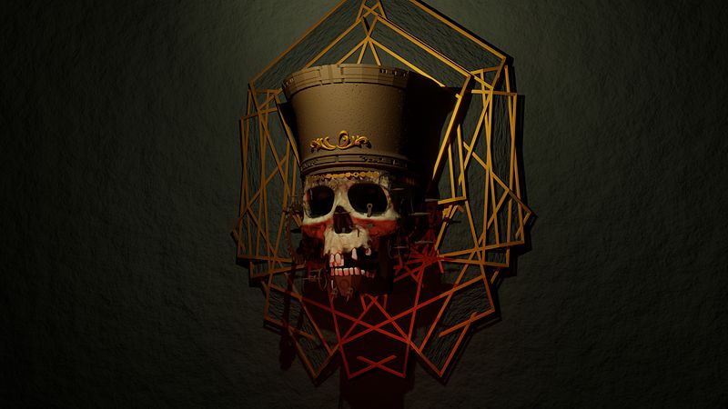 3D render of a human skull wearing a tall ornate brass crown, suspended inside a cage of thin gold and red geometric lines against a dark green wall.