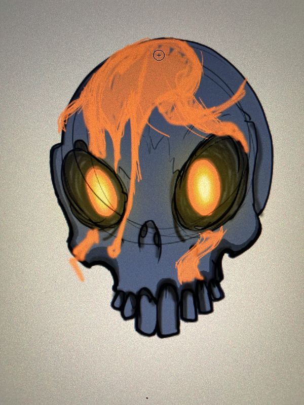 Cartoon-style drawing of a slate-blue skull with heavy black outlines, glowing orange-yellow eyes and loose orange paint strokes over the top of its head.