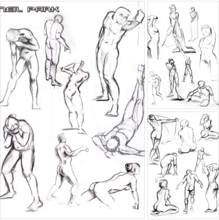 Sheet of quick pencil gesture drawings of human figures in many poses, standing, crouching and stretching, with a title in the top left corner.