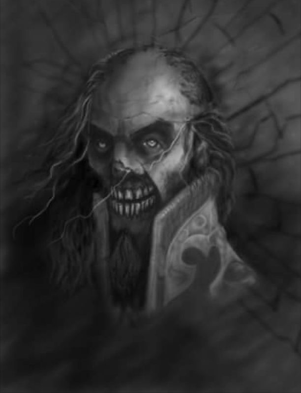 Grayscale digital painting of a gaunt, grinning ghoul with long stringy hair emerging from darkness.