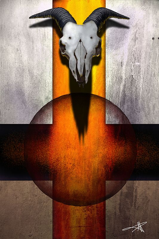 Digital painting of a horned goat skull above a glowing orange vertical beam crossed by a dark horizontal band and a circle, on a weathered grey background, signed at the bottom right.