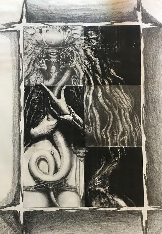 Detailed graphite drawing on paper of a grid of surreal panels: tangled faces, a reaching hand, a coiled spiral and flowing hair, framed by a drawn border.