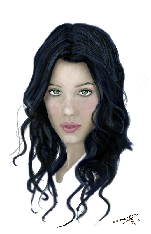 Digital painting of a woman with long, wavy black hair and green eyes, fading out into a white background, signed at the bottom right.