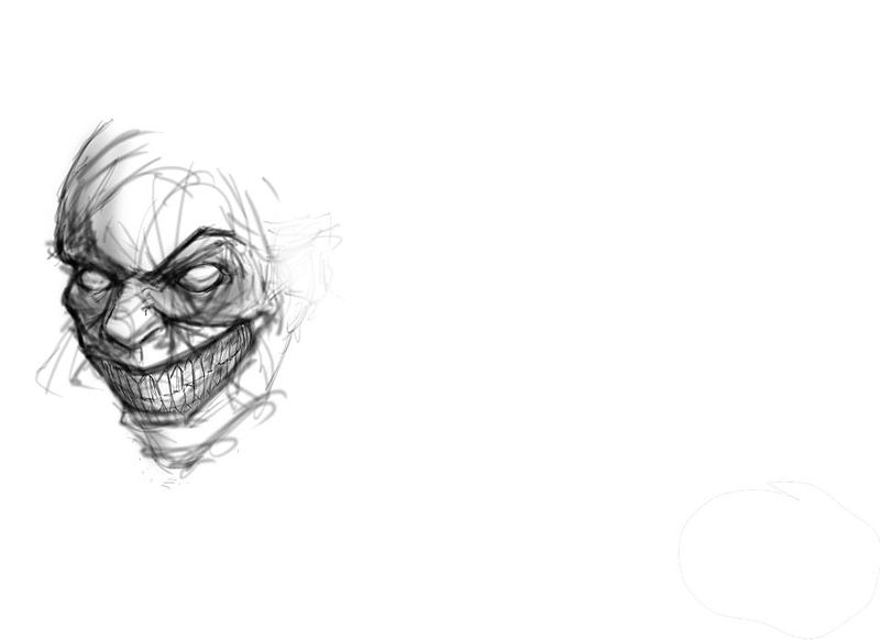 Loose grayscale pencil-style sketch of a menacing face with hollow, narrowed eyes and a wide, toothy grin, drawn with scribbled strokes on a white background.