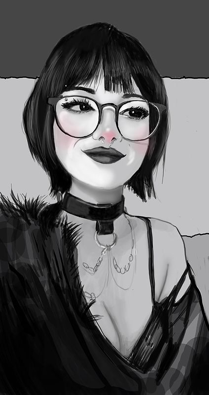 Black-and-white digital illustration of a young woman with a dark bob haircut, round glasses, a choker necklace and a feathered top.