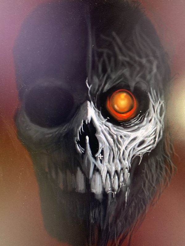 Digital painting of a face that is half shadowed flesh and half bone-white skull, with a single glowing red-orange eye.