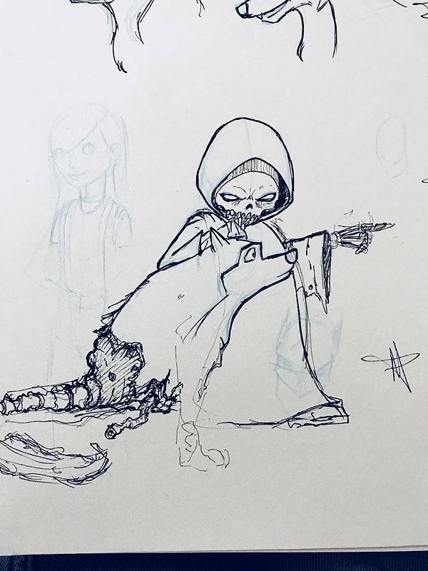 Loose ink sketch on paper of a hooded skeletal figure pointing, its robe trailing into a scaly tail, with a signature at the right.