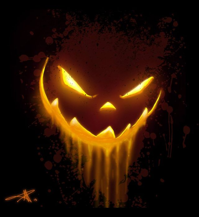 Digital painting of a glowing orange-gold jack-o'-lantern face with sharp, slanted eyes and a jagged grin, light dripping down from its mouth, over dark red splatter on a black background, signed at the bottom left.