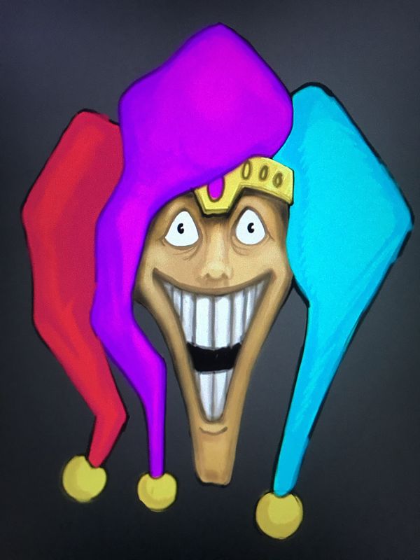 Digital painting of a grinning jester mask with a gold crown and a three-pointed hat in red, purple and cyan, with yellow bells, on a dark background.