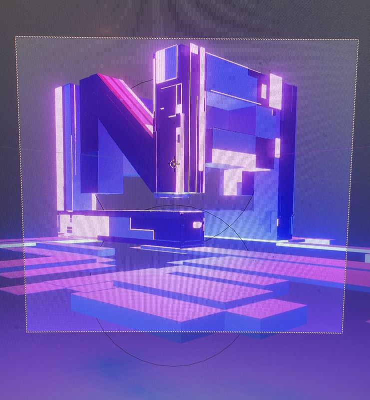 3D render of a large angular letter N built from glowing pink, violet and blue neon panels, standing on a reflective lit floor.