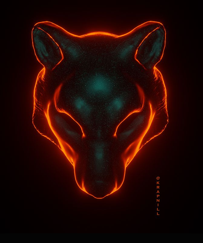 Digital artwork of a wolf head outlined in glowing orange neon light with teal highlights on a black background, with a small vertical signature on the right.