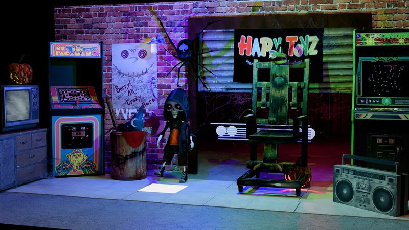 3D render of a Halloween arcade storefront: a hooded skeleton kid stands by an electric chair under a 'Happy Toyz' sign, between a Ms. Pac-Man cabinet, an old TV and a boombox, in purple and green light.