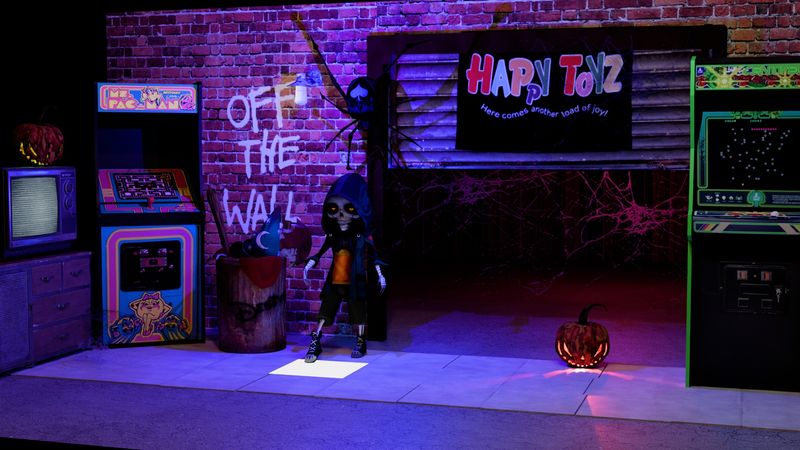3D render of the same arcade set with 'Off the Wall' graffiti on the brick wall, a hooded skeleton kid, a glowing jack-o'-lantern and arcade cabinets under purple light.