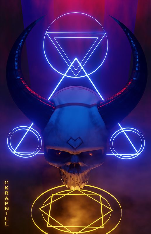 Digital artwork of a dark horned skull under glowing blue neon occult symbols — triangles, circles and a crescent — above a golden glowing sigil, on a purple background, with a vertical signature.