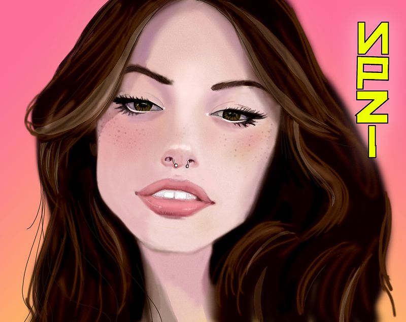 Painterly digital portrait of a young woman with long wavy brown hair, freckles, hazel eyes and a septum ring, on a pink-to-orange gradient background, with a yellow 'NPZI' tag down the right side.