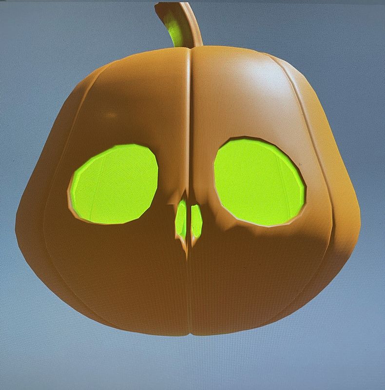 3D sculpt of a smooth orange pumpkin with a short stem and two large glowing lime-green eye holes.