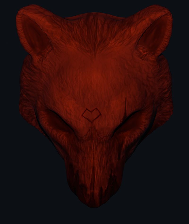 3D sculpt-style render of a red, fur-textured wolf or fox head facing forward, with tall ears, shadowed eye sockets, a long snout and a small heart mark carved on the forehead, against a dark navy-black background.