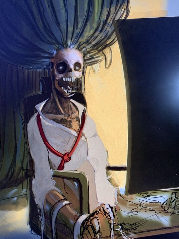 Digital painting of a skeletal figure with long, wild blue-green hair, wearing a white robe and a red cord necklace, seated in a chair, with parts still left as loose sketch lines.