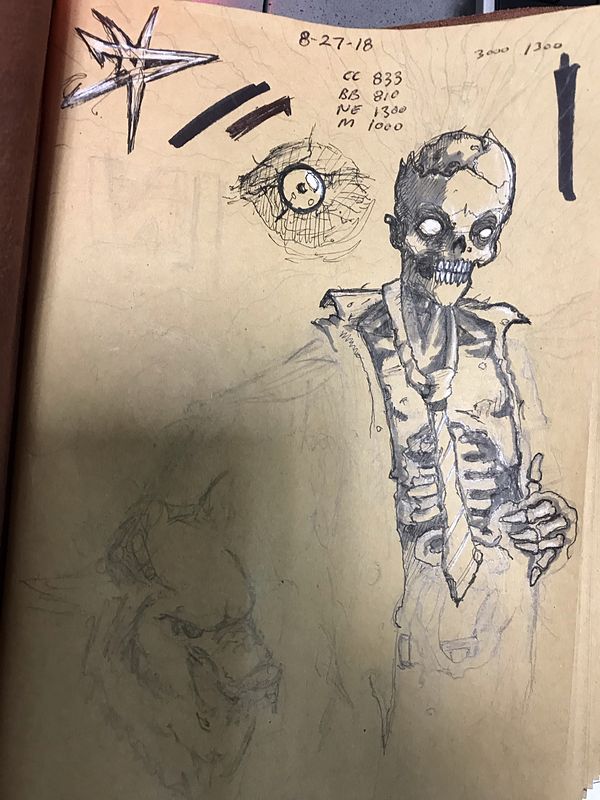 Sketchbook page in pencil and ink of a grinning skeleton in a ragged jacket, with an eye study, a star doodle and handwritten notes on tan paper.