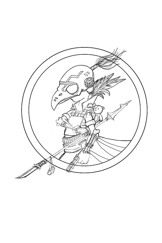 Clean black line art inside a circle of a small armored creature with a beaked skull mask, holding a long spear and a feathered staff.