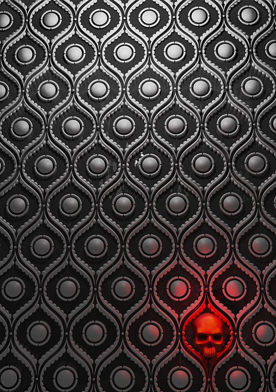 3D render of a wall of metallic studded disc patterns in silver and black, with a single small skull glowing red near the bottom.